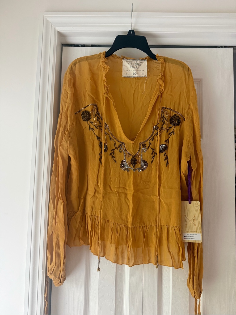 NWT Embroidered Mustard Peasant Blouse by Free People - Women's Top